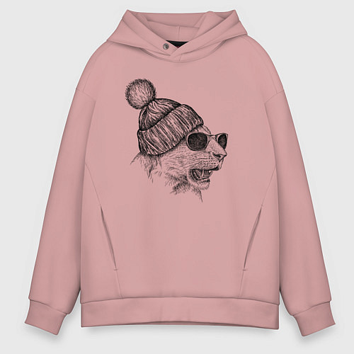 Мужское худи оверсайз Львица в шапке / Пыльно-розовый – фото 1