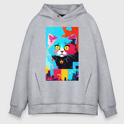 Мужское худи оверсайз Изумлённый котёнок - поп-арт - нейросеть / Меланж – фото 1