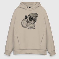 Толстовка оверсайз мужская Морская свинка в очках и шапке, цвет: миндальный