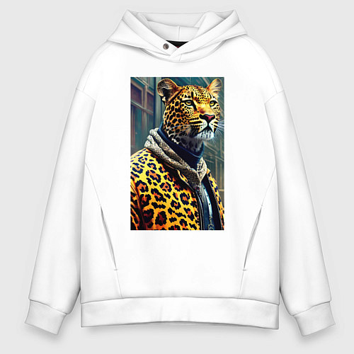 Мужское худи оверсайз Крутой леопард житель мегаполиса / Белый – фото 1