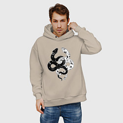 Толстовка оверсайз мужская Змеи инь и янь - черное белое, цвет: миндальный — фото 2
