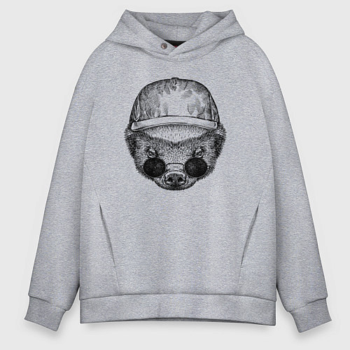 Мужское худи оверсайз Медоед в кепке и очках / Меланж – фото 1
