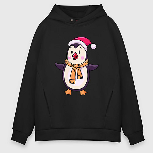 Мужское худи оверсайз Праздничный пингвин / Черный – фото 1