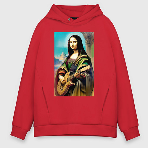 Мужское худи оверсайз Мона Лиза лабает на гитаре / Красный – фото 1