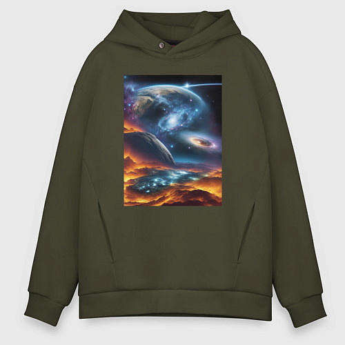 Мужское худи оверсайз Космические миры / Хаки – фото 1