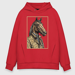 Толстовка оверсайз мужская Конь в бежевом пальто, цвет: красный