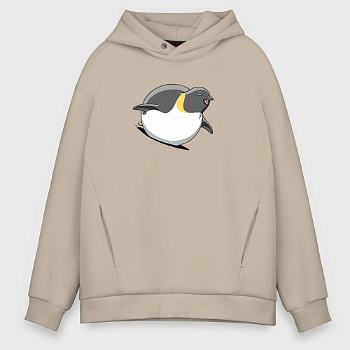 Мужское худи оверсайз Мультяшный пингвин спускается с горы / Миндальный – фото 1