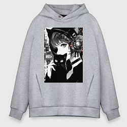 Толстовка оверсайз мужская Girl with black kitten - anime - cyberpunk - ai ar, цвет: меланж