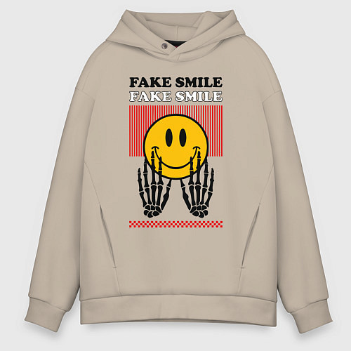 Мужское худи оверсайз Fake smile quote / Миндальный – фото 1
