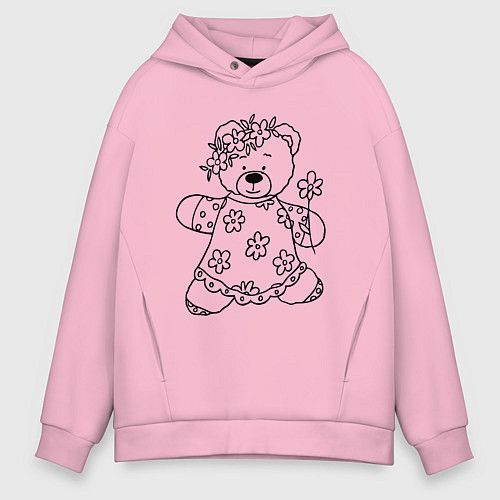 Мужское худи оверсайз Мишка с ромашками - раскраска / Светло-розовый – фото 1