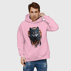 Толстовка оверсайз мужская Волк и ловец снов, цвет: светло-розовый — фото 2