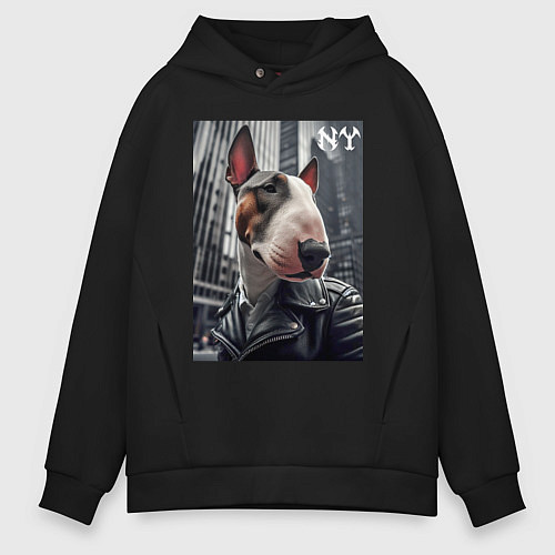 Мужское худи оверсайз Dude bull terrier in New York - ai art / Черный – фото 1