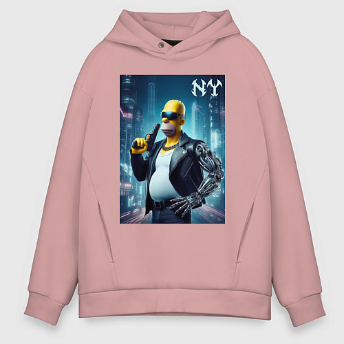 Мужское худи оверсайз Cyber Homer with a gun in New York - ai art / Пыльно-розовый – фото 1