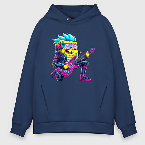 Мужское худи оверсайз Губка Боб - рок гитарист - нейросеть / Тёмно-синий – фото 1