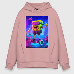 Толстовка оверсайз мужская Sponge Bob on a gyro scooter - ai art, цвет: пыльно-розовый
