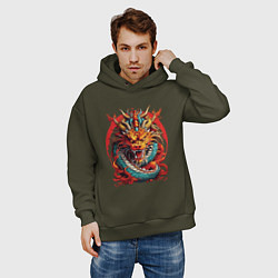 Толстовка оверсайз мужская Китайский дракон в огне, цвет: хаки — фото 2