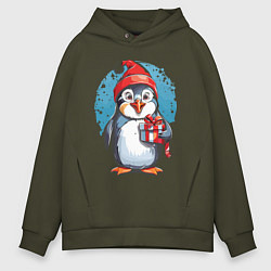 Толстовка оверсайз мужская Пингвин с новогодним подарком, цвет: хаки