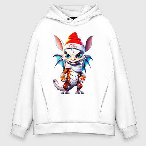 Мужское худи оверсайз Дракончик в новогоднем колпаке / Белый – фото 1