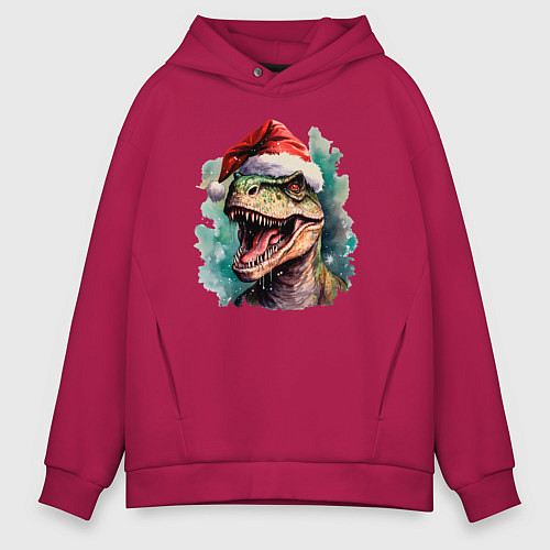 Мужское худи оверсайз Новогодний тираннозавр / Маджента – фото 1