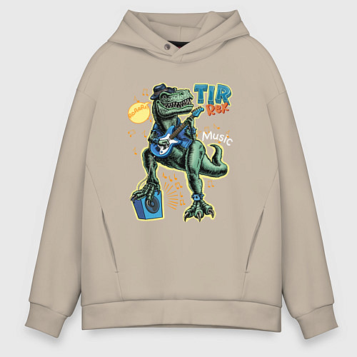 Мужское худи оверсайз Тираннозавр с гитарой в шляпе / Миндальный – фото 1
