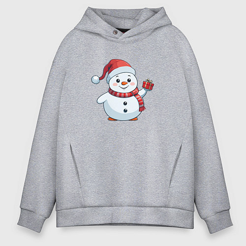 Мужское худи оверсайз Толстый снеговик с подарком / Меланж – фото 1