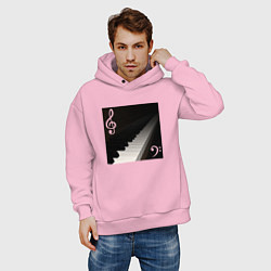 Толстовка оверсайз мужская Скрипичный и басовый ключи с клавиатурой фортепиан, цвет: светло-розовый — фото 2