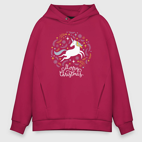 Мужское худи оверсайз Unicorn christmas / Маджента – фото 1