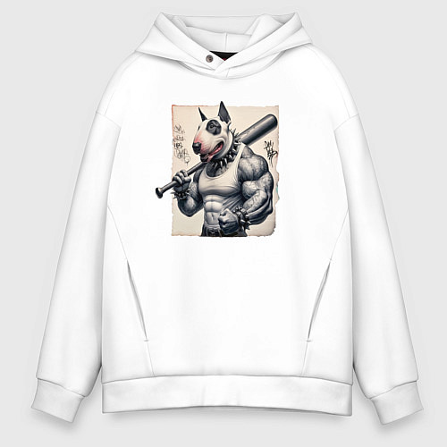 Мужское худи оверсайз Качок Булли с битой - нейросеть / Белый – фото 1