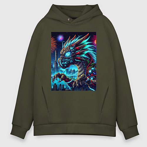 Мужское худи оверсайз Cyber dragon - ai art neon / Хаки – фото 1