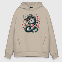 Толстовка оверсайз мужская Japanese dragon and sakura - irezumi, цвет: миндальный