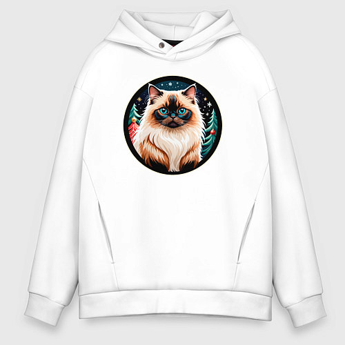 Мужское худи оверсайз Гималайский кот ждет Новый Год / Белый – фото 1