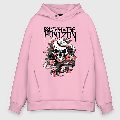 Мужское худи оверсайз Bring Me the Horizon - A skull with roses / Светло-розовый – фото 1