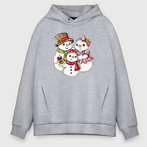 Мужское худи оверсайз Снеговики семья / Меланж – фото 1