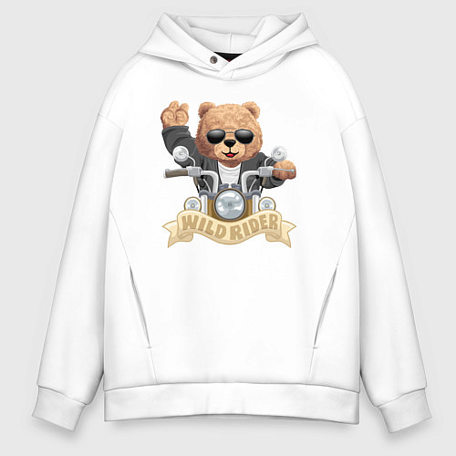 Мужское худи оверсайз Плюшевый медвежонок байкер / Белый – фото 1