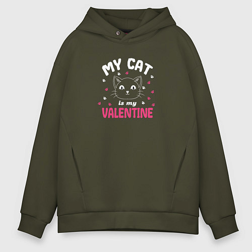 Мужское худи оверсайз My cat is my Valentine 2024 / Хаки – фото 1