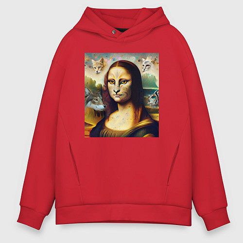 Мужское худи оверсайз Мона Лиза превращается в кошку / Красный – фото 1