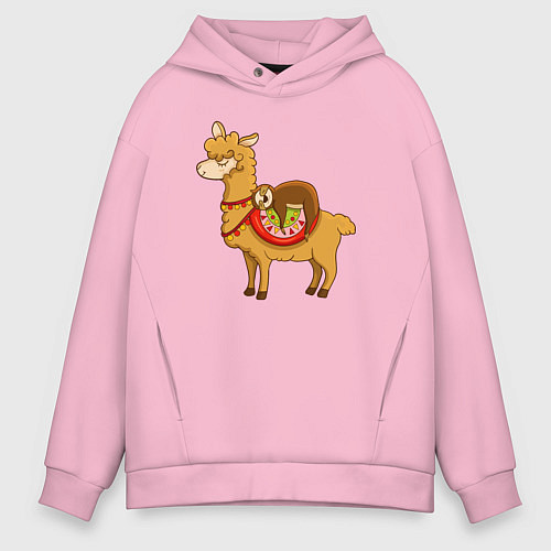 Мужское худи оверсайз Лама и ленивец / Светло-розовый – фото 1