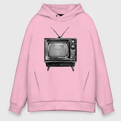 Толстовка оверсайз мужская Старый телевизор черно-белый шум и череп, цвет: светло-розовый