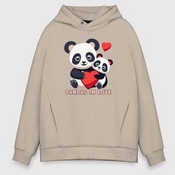 Толстовка оверсайз мужская Влюбленные панды с сердцем, цвет: миндальный