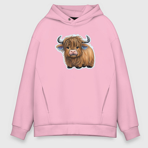 Мужское худи оверсайз Шотландский волосатый бык / Светло-розовый – фото 1