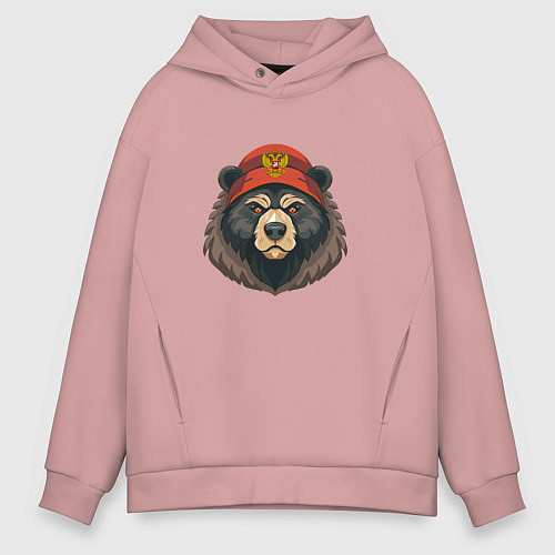 Мужское худи оверсайз Русский медведь в шапке с гербом / Пыльно-розовый – фото 1