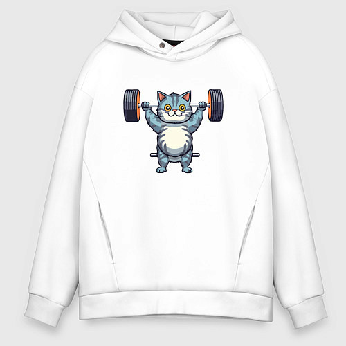 Мужское худи оверсайз Кот с штангой / Белый – фото 1