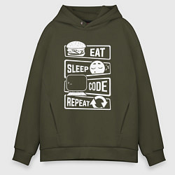 Толстовка оверсайз мужская Eat sleep code repeat арт, цвет: хаки