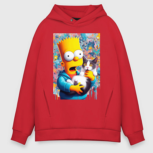 Мужское худи оверсайз Bart Simpson with a kitten - ai art / Красный – фото 1