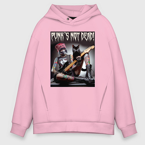 Мужское худи оверсайз Punk girl with a black cat and a guitar / Светло-розовый – фото 1