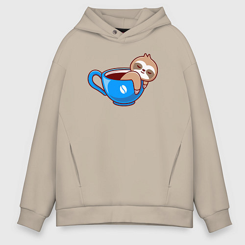 Мужское худи оверсайз Ленивец в чашке кофе / Миндальный – фото 1