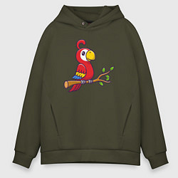 Толстовка оверсайз мужская Красный попугайчик, цвет: хаки