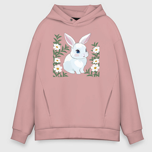 Мужское худи оверсайз Милый зайчонок на фоне цветов / Пыльно-розовый – фото 1
