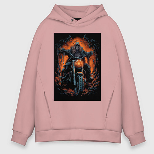 Мужское худи оверсайз Скелет сатаны едет на старом мотоцикле / Пыльно-розовый – фото 1