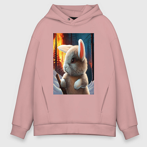 Мужское худи оверсайз Заяц в огненном лесу / Пыльно-розовый – фото 1